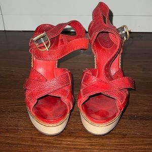 Like New Chloe 60th Anniversary Red Leather Wooden Wedge Sandals Size 40